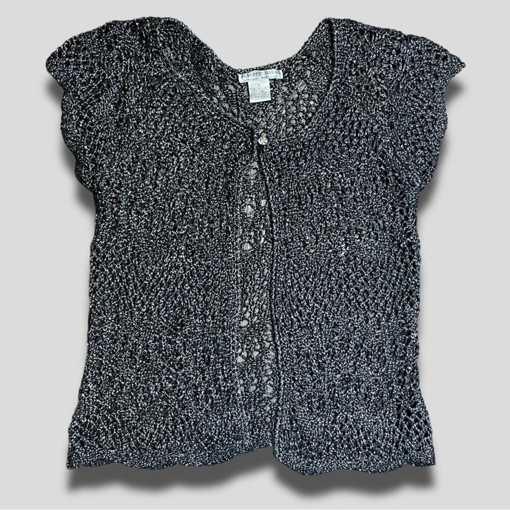 ALBERTO MAKALI METALLIC GUNMETAL GRAY OPEN FRONT CARDIGAN SWEATER SIZE SMALL